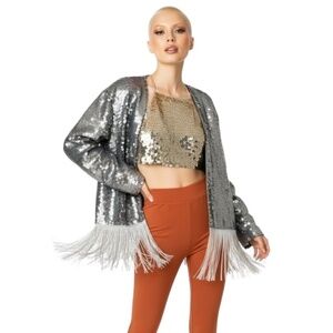 NEW Gunmetal Sequins FRINGE Kimono Festival Jacket Top SIZE MEDIUM